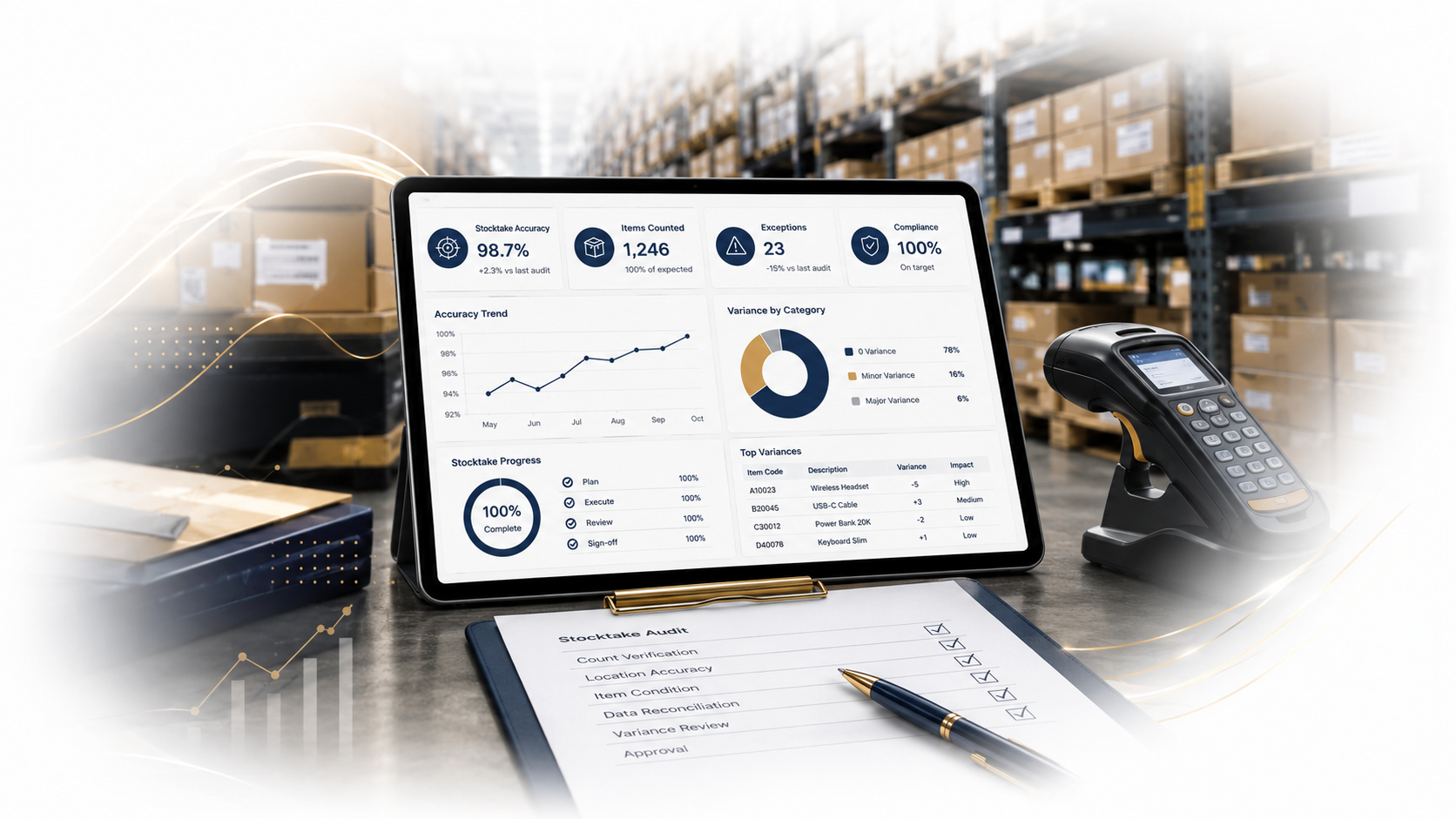 Stocktake accuracy dashboard with warehouse operations